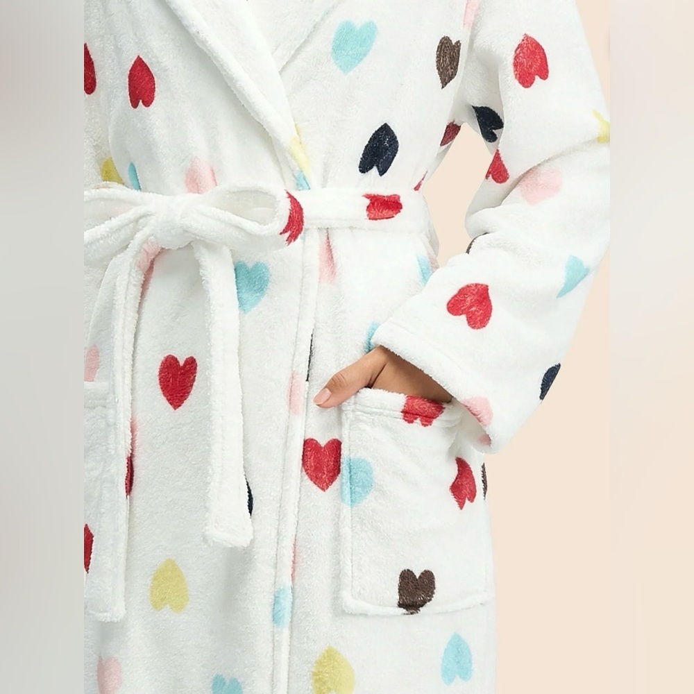 Plush Colorful Heart Print Hooded Robe - Picture 5 of 7